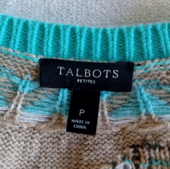 Talbots Teal Lambswool Knit Fair Isle Snow Bird Sweater, Size P - Picture 16 of 16